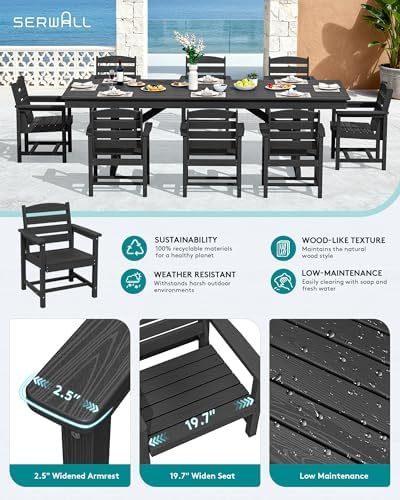 SERWALL 9Pcs 84" HDPE Outdoor Dining Set for 8 with Armchairs,Black - Image 3