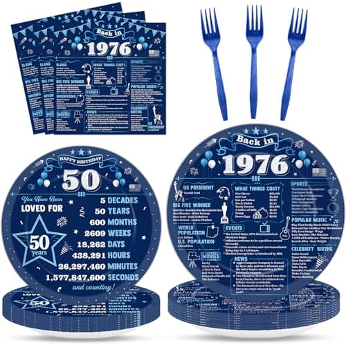 96Pcs 50th Birthday Party Paper Plates and Napkins 50th Birthday Supplies for Men and Women Disposable Dessert Plates Back in 1976 Blue Silver Tableware 1976 Birthday Gatherings Decorations by Oitnlaughter