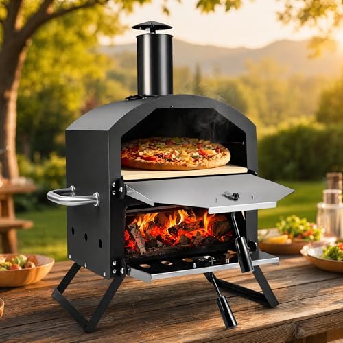 Wood Fired Outdoor Pizza Oven, Portable 2-Layer Pizza Maker with 12" Pizza Stone & Waterproof Cover – Folding Legs, Removable Rack for Camping, Backyard BBQ, Tailgating by Embraceartofoutdoorliving
