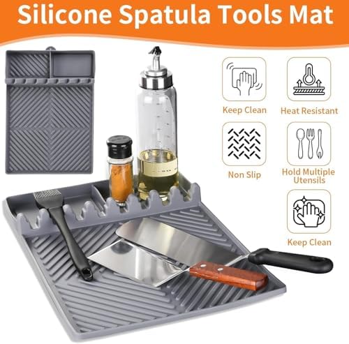 Silicone Griddle Tool Mat for Blackstone, Heat Resistant Side Shelf Mat with Drip Pad – BBQ Grill Accessories for Outdoor Grill, Kitchen Counter, Spatula Holder, Cooking Organizer (2, Gray) - Image 4