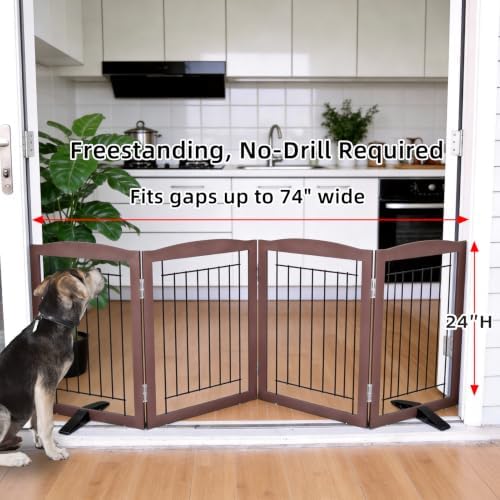 ZJSF Freestanding Dog Fence Indoor, Foldable Dog Gate for Doorways, Stairs or Hallways, Sturdy Wood Extra Wide Pet Gate with Support Feet for The House, Brown, 24 "Height-4 Panels - Image 2