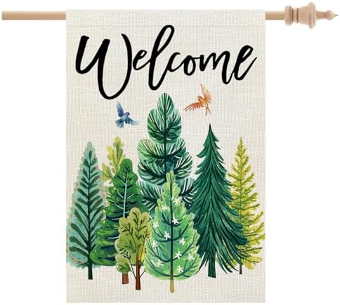 CROWNED BEAUTY Spring Summer House Flag Green Trees Double Sided 28x40 Inches Large Burlap Welcome Holiday Seasonal Yard Decoration for Outside Porch by CrownedBeauty