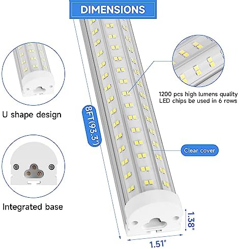 Phiwicsh 8FT U Shape 125W Integrated Tube Bright LED Light, 6500K Clear White, 20000LM - Flush Mount/Hanging Linkable LED Ceiling Lights for Garage, Plug&Play, 6 Pack - Image 4