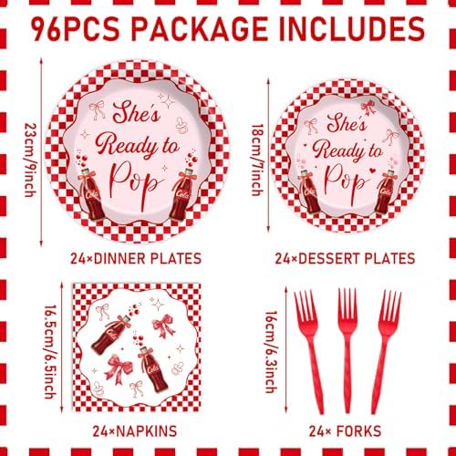 96 PCS She's Ready to Pop Party Paper Plates and Napkins Red White Checkered Bow Soda Pop for Baby Shower Gender Reveal Newborn Party SuppliesBirthday Gatherings Decorations - Image 2