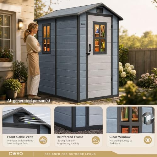 DWVO Outdoor Storage Shed 4.4×6FT, Garden Resin Shed with 2 Windows - Image 2