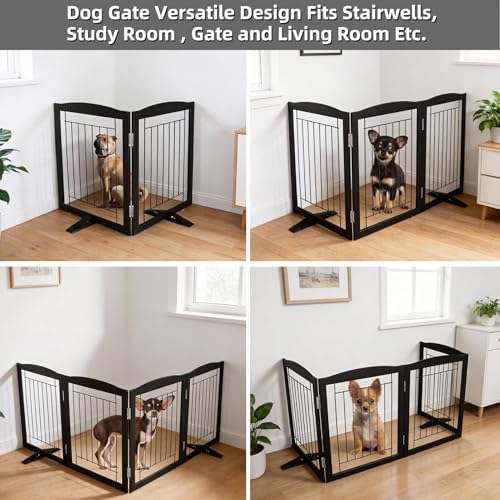ZJSF Freestanding Dog Fence Indoor, Foldable Dog Gate for Doorways, Stairs or Hallways, Sturdy Wood Extra Wide Pet Gate with Support Feet for The House, Black, 24 "Height-2 Panels - Image 4