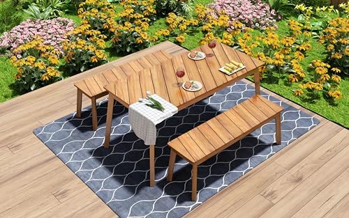 Harper & Bright Designs GO 3 Pieces Acacia Wood Table Bench Dining Set for Outdoor & Indoor Furniture with 2 Benches, Picnic Beer Table for Patio, Porch, Garden, Poolside, Natural - Image 2