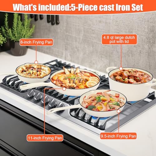 Nonstick Enameled Cast Iron Cookware Set- 3 Frying Pan and 1Piece Pots with Lid, Skillet, Heavy Duty Cookware, Dutch Oven Set for All Stovetops, Ideal for Sourdough Bread Baking,Cream White - Image 2