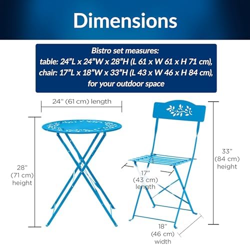 Alpine Corporation 3-Piece Bistro Set with Folding Table and 2 Chairs, Durable Steel Indoor/Outdoor Patio Furniture, Compact Seating, Blue - Image 4