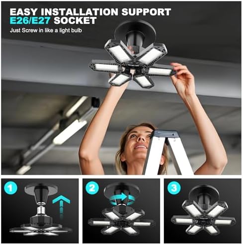 Led Garage Lights Bulb 10 Pack 140W Super Bright Ceiling Led Shop Lights 6 Deformable Panels Screw in E26/E27 6500K 12000 LM Deformable Garage Light Ideal for Basement Attic and Workshop - Image 6