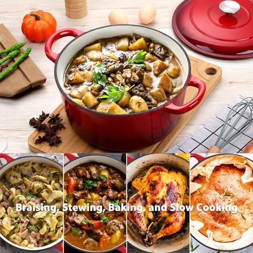 E-far Enameled Cast Iron Dutch Oven with Lid, 6 Quart Round Dutch Oven Pot Nonstick Cookware for Braising, Stews, Roasting, Bread Baking, Cooking, Heavy Duty, Induction & Oven Safe - Red - Image 4