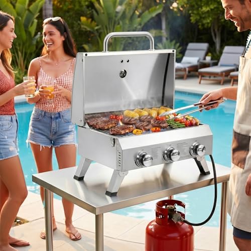 Bonnlo 3 Burner Portable Gas Grill, 30,000 BTU Tabletop Camping Grill with Ignition & Lockable Lid, Stainless Steel Propane Grill with Foldable Legs & Thermometer for Outdoor Patio BBQ RV Use - Image 7