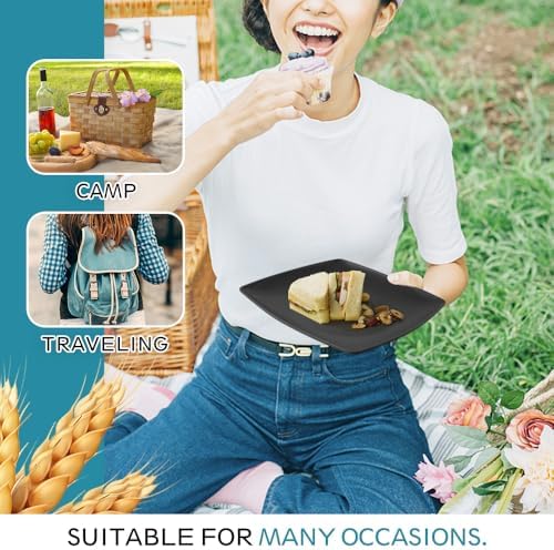 Teivio 16-piece Plastic Wheat Straw Square Dinnerware Set for 4, Unbreakable Dinner Plates, Salad Plates, Snack Bowls, Mugs, Dishwasher Safe, Black - Image 7