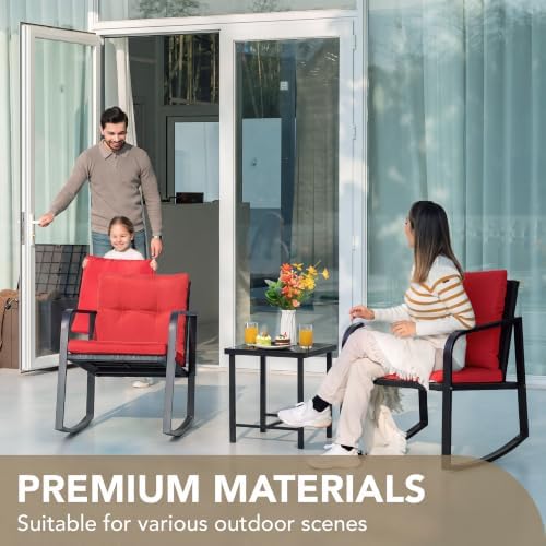 Devoko 3 Pieces Patio Furniture Set Wicker Outdoor Rocking Chair, Red - Image 4