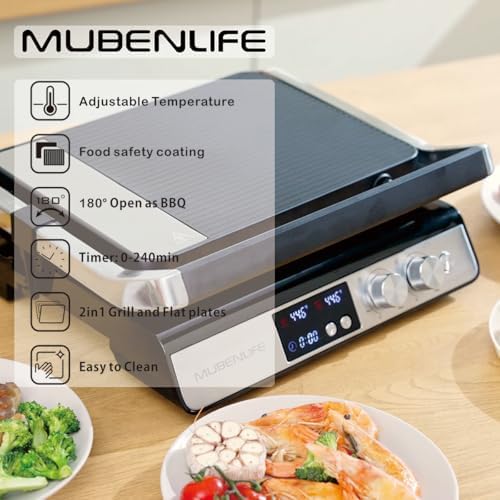 Panini Press,4 Slices Contact Grill with Removable Non-Stick Coated Grill and Flat Plates,Panini Makers with Temperature Control and Timer,Open 180 Degrees,Grill and Griddle (Half black with digital) - Image 2