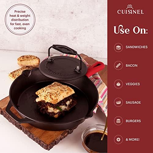 Cast Iron Skillet + Grill Press + Scraper Set - 12"-inch Pre-Seasoned Frying Pan + Silicone Handle Grip - 7" Round Burger Smasher - Indoor/Outdoor, Stove, Oven, Grill, Induction Kitchen Cookware - Image 2