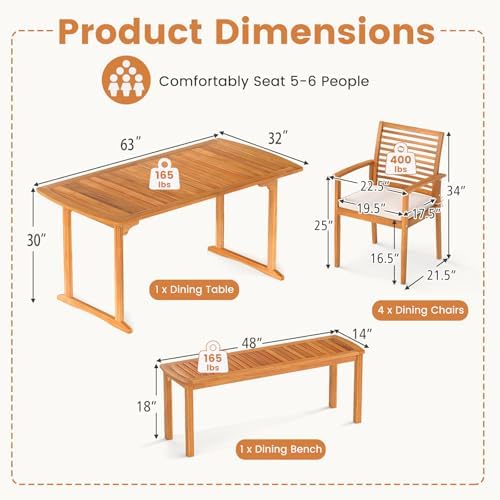 Tangkula 6 Pieces Outdoor Acacia Wood Dining Set, Rectangle Patio Dining Table with Umbrella Hole and 4 Cushioned Chairs and Bench, for Backyard Garden Poolside Deck - Image 5