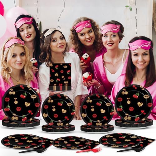 96 PCS Cheetah Cherry Party Paper Plates and Napkins Cherry Leopard Print Party Decoration Red and Black Wedding Dinnerware for Boys Girls Bachelorette Gatherings Decorations - Image 5