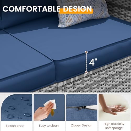 UDPATIO Patio Furniture Set with Fire Pit Table, 8 Pcs Outdoor Sectional Sofa, PE Wicker Patio Conversation Set for Garden, Backyard (Blue Cushions with Grey Rattan) - Image 4