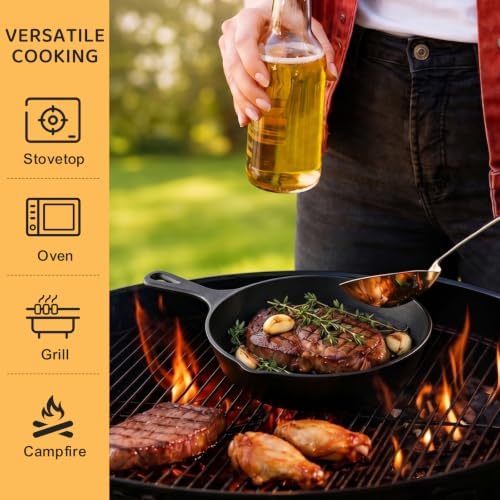 EWFEN Cast Iron Skillet 8 Inch, Pre-Seasoned Frying Pan, Heavy-Duty Professional Restaurant Chef Quality Cookware with Drip Spout, Indoor & Outdoor Use, Compatible with Oven, Stove, Grill & Campfire - Image 3