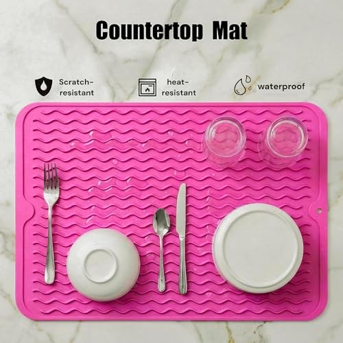 MicoYang Silicone Dish Drying Mat — Quick-Dry Ridges Counter & Sink Pad, Heat-Resistant Trivet to 450°F, Non-Slip & Dishwasher Safe, Roll-Up Storage, 18 Colors & 9 Sizes (Rose, 16"×12") - Image 5