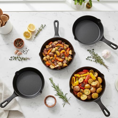 Vesici 4 Pcs Cast Iron Skillet Frying Pans with Drip-spouts Circle Non-stick Frying Skillet Omelette Pan Safe Healthy Cookware for Home Barbecue Kitchen Party Restaurant Catering Service (6.3 Inch) - Image 2