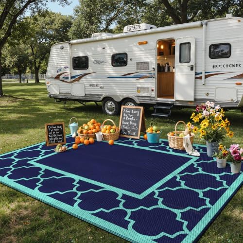 GENIMO Outdoor Rug, Waterproof Plastic Rugs for Patio, 9'x12' Blue Green - Image 3
