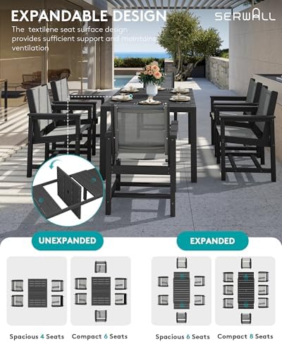 SERWALL HDPE Outdoor Dining Set for 8 with Textilene Chairs, Black - Image 2