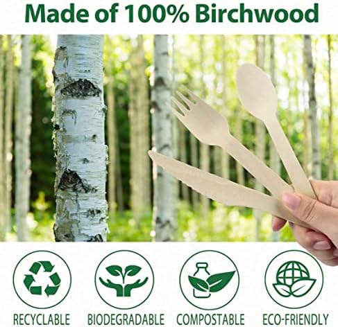 300 Pack Disposable Wooden Cutlery Assortment - 100 Knives, 100 Forks, 100 Spoons | Eco-Friendly Biodegradable Birch Wood Utensils for Parties & Picnics - Image 5
