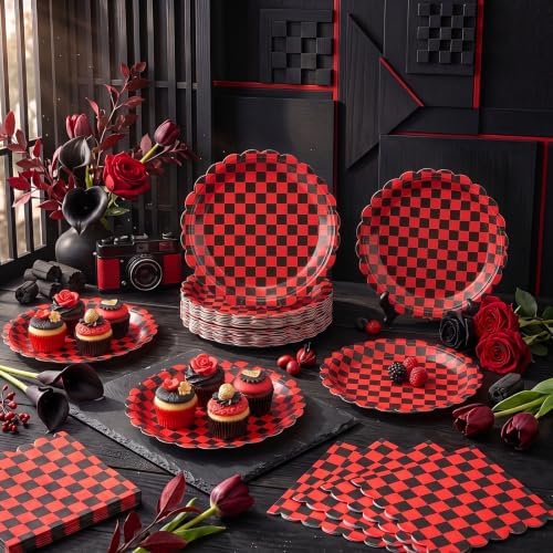 Roshtia 120 Pcs Black Red Checked Plates and Napkins, Racing Party Decor - Image 7