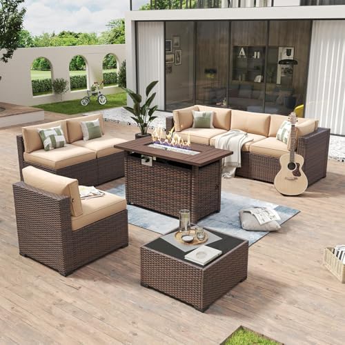 Aoxun 8 Piece Patio Furniture Set with 44" Fire Pit Table Wicker Rattan by Aoxun