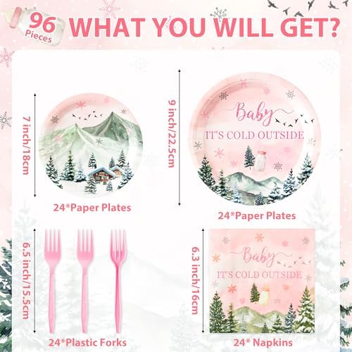 96Pcs Baby It's Cold Outside Pink Winter Wonderland Party Plates Supplies - Party Tableware Decoration Disposable Paper Plates Napkins Fork for Birthday Christmas Baby Shower, Serves 24 - Image 2