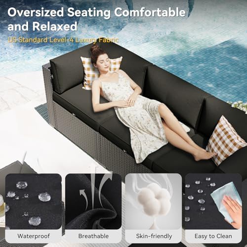 Aoxun Patio Furniture Set with Umbrella, 8 Piece Outdoor Sectional Sofas, Wicker Rattan Outdoor Furniture with Thickened Cushion for Backyard, Garden Black - Image 4