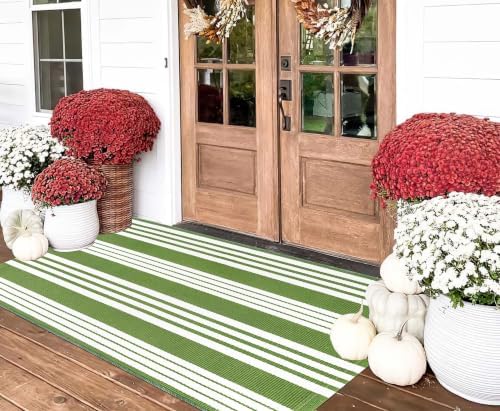 Green and White Outdoor Rug 3'x 5'Washable Area Rug Layered Doormat by BUAGETUP
