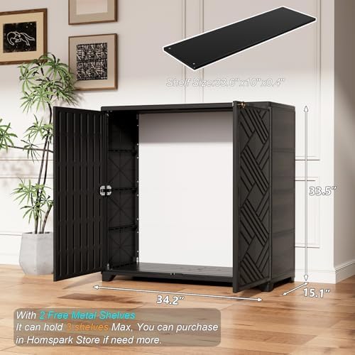 HOMSPARK Indoor/Outdoor Storage Cabinet with Doors and 2 Metal Shelves, 34”x15”x34” HDPE Plastic Storage Box for Patio, Garden, Enterway, Balcony, Multi-Purpose for Daily Tools, Black - Image 3