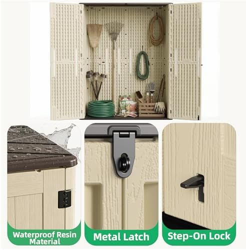 Allpop Tall Outdoor Storage Shed, 61 Cu.Ft Vertical Resin Storage Cabinet with Floor for Trash Cans, Patio & Garden, Khaki - Image 4
