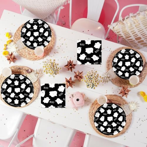 50Pcs Halloween Party Plates Ghost Spooktacular Halloween Paper Plates 7Inch Pumpkin Ghost Plates Black White Boo Paper Plates for Haunted House Themed Boo Pumpkin Birthday Party Decorations (white) - Image 5