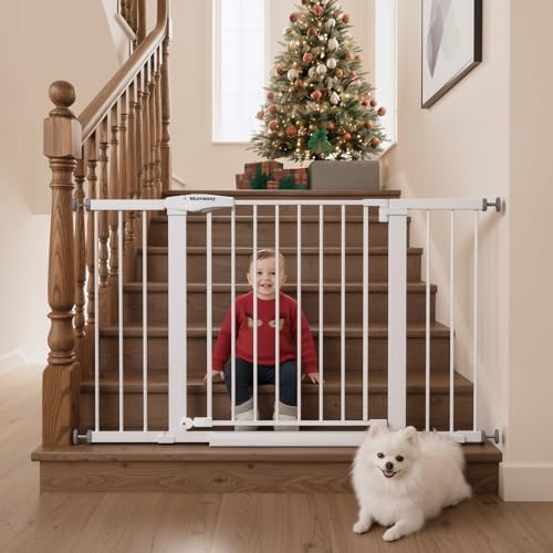 Mumeasy 29.7–48" Baby Gate for Stairs, Dog Gate for Doorways, Auto Close Child Gate, Indoor Safety Pet Gate with Walk Thru Door, Easy Install Pressure Mounted Extra Wide Gate for Kitchen, House,White by Mumeasy-FocusonBabyPetSafetyGate