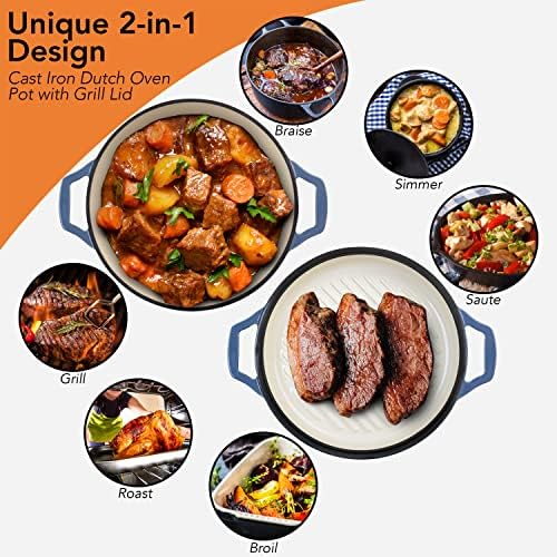 2-in-1 Enameled Cast Iron Braiser Pan with Grill Lid - 3.3-Quart Small Dutch Oven, Serves as Both Casserole & Stovetop Grill Pan, Cast Iron Cookware - Image 4