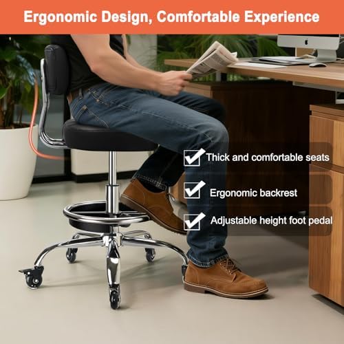 Garage Mechanic Stool with Backrest, Height Adjustable Heavy Duty Swivel Task Chair, Rolling Workshop Stool with Tool Tray Storage, Mechanic Chair for Garage, Shop, Auto Repair (Black) - Image 6