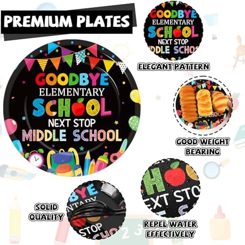 96Pcs Elementary Graduation Party Paper Plates and Napkins Goodbye Elementary School Next Stop Middle School Tableware Set 5th Grade Graduation Plates for Primary Graduate Party Decorations - Image 3