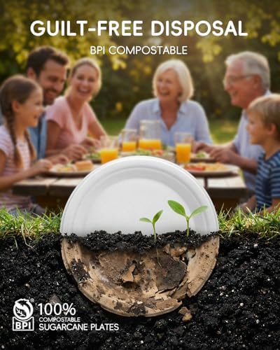 Goodluck 9 Inch White Compostable Sugarcane Paper Plates 125 Pack - Image 3