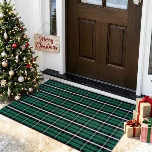 OJIA Christmas Door Mat Outdoor 27.5"x43" Green Plaid Porch Front Door Rug - Image 6