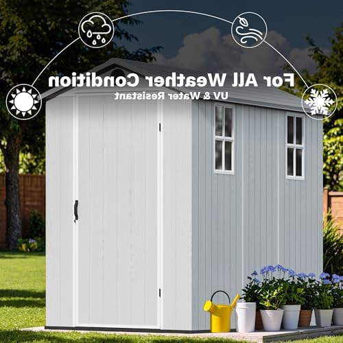 Devoko 4×8 FT Resin Outdoor Storage Shed with Floor, Light Grey - Image 4