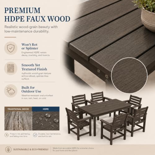 7 Pcs Outdoor Patio Dining Set, HDPE Table & Chairs with Umbrella Hole - Image 6