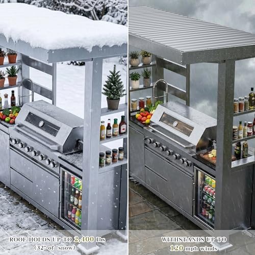 94 Inch Outdoor Kitchen Island, 85000 BTU 6 Burner Propane Gas Grill Combination With Rain Shelter Refrigerator and Sink, Outdoor Stainless Steel Barbecue Bar Grill for Patios, Gardens, Parties - Image 4