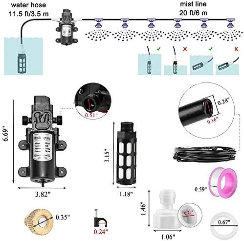 Misting Cooling System with Pump Filter Kit,20FT/6M Mist Line 6 Brass Mist Nozzle 116 PSI 5L/Min DIY for Outdooor Patio Porch Greenhouse Backyard - Image 2