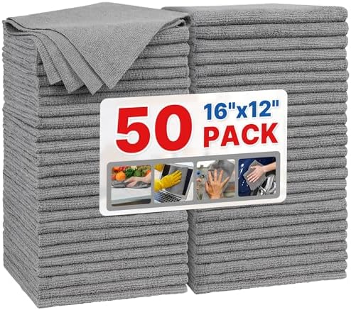 FIXSMITH Grey Microfiber Cleaning Cloth, Pack of 50, 16"X12" Cleaning Rags for Housekeeping and Kitchen, Reusable Shop Towels, Microfiber Towels for Cars, Lint Free, Scratch-Free, Highly Absorbent by FIXSMITH