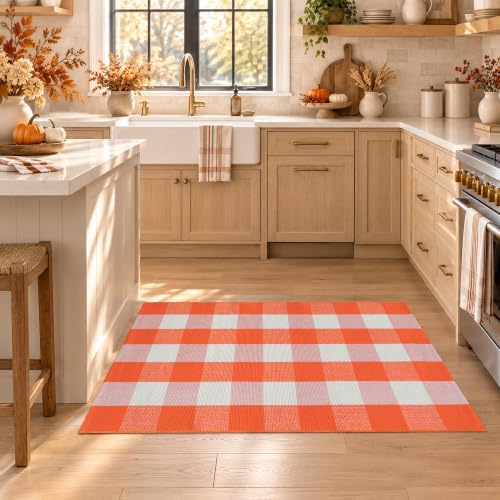 Orange and White Plaid Rug, 28'' x 43'' Fall Front Door Decor Mat, Cotton Washable Hand-Woven Door mat for Layered Doormat, Autumn Halloween Thanksgiving Carpet for Porch, Entryway - Image 5