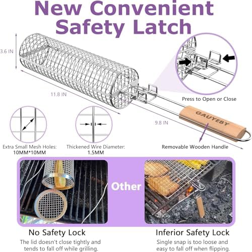 Rolling Grill Basket, Grill Baskets for Outdoor Grill, REMOVABLE HANDLE, Anti-Scorch Stainless Steel BBQ Net Tube for Meat, Shrimp, Vegetables, Grill Accessories, Gifts for Dad, Husband (Round) - Image 5